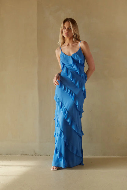 Charming Spaghetti Straps Tiered Ruffle Maxi Dress Prom Dresses