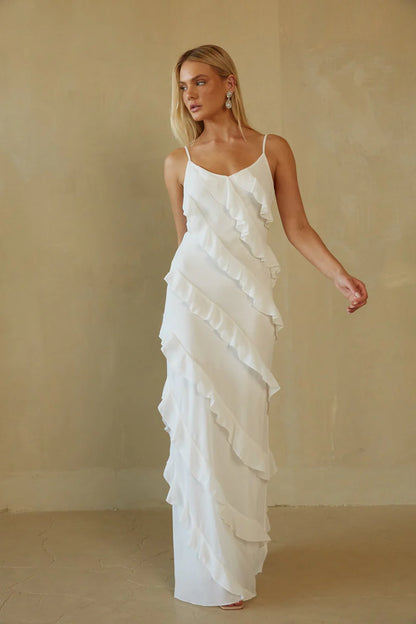 Charming Spaghetti Straps Tiered Ruffle Maxi Dress Prom Dresses
