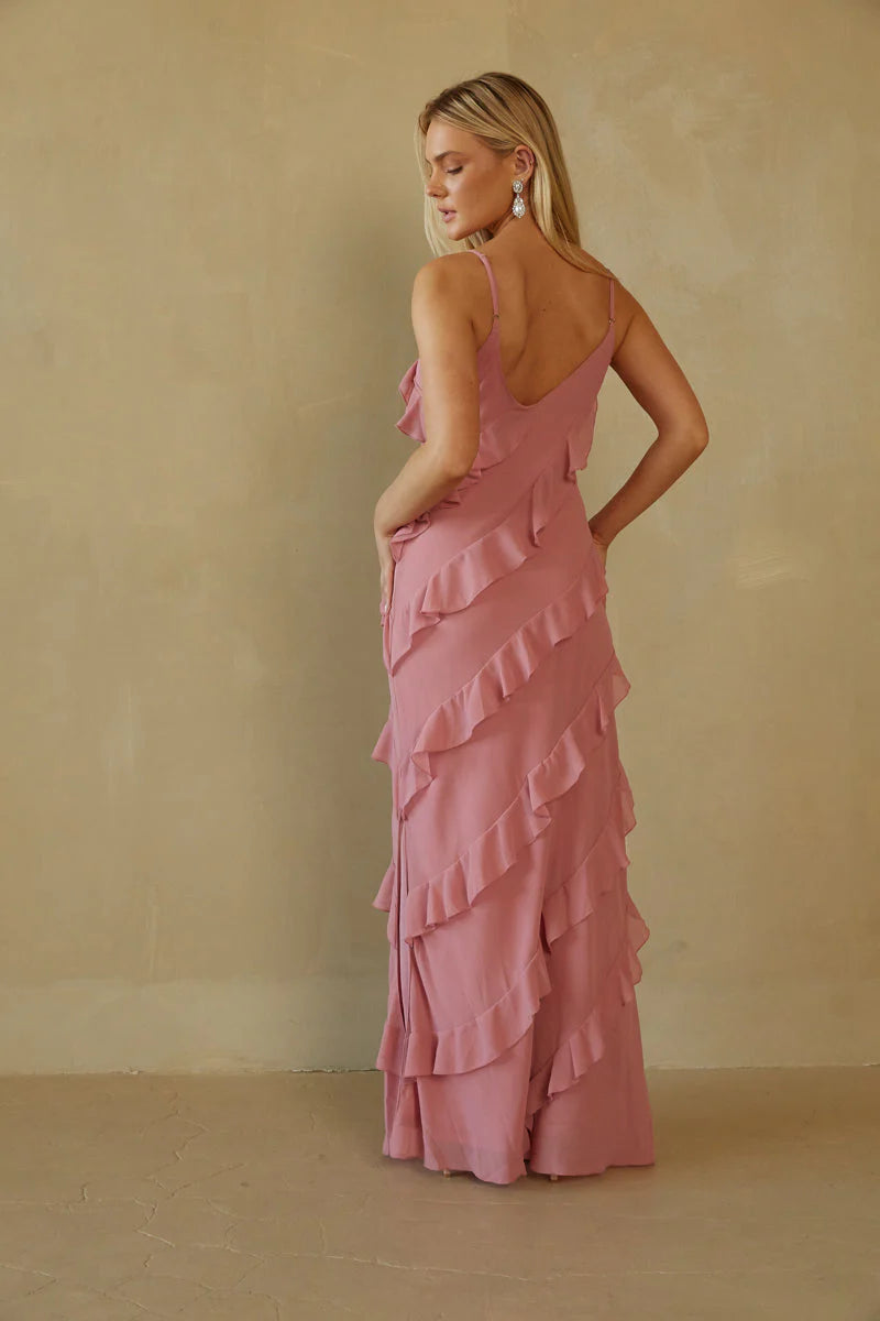 Charming Spaghetti Straps Tiered Ruffle Maxi Dress Prom Dresses