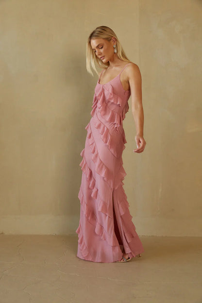 Charming Spaghetti Straps Tiered Ruffle Maxi Dress Prom Dresses