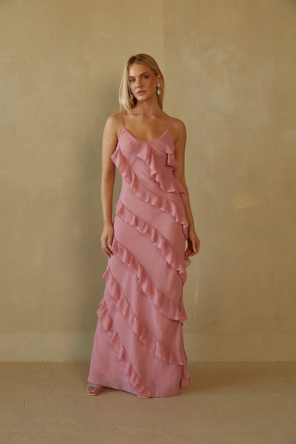 Charming Spaghetti Straps Tiered Ruffle Maxi Dress Prom Dresses