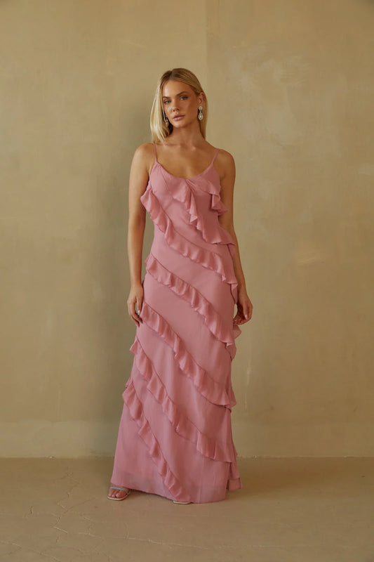 Charming Spaghetti Straps Tiered Ruffle Maxi Dress Prom Dresses