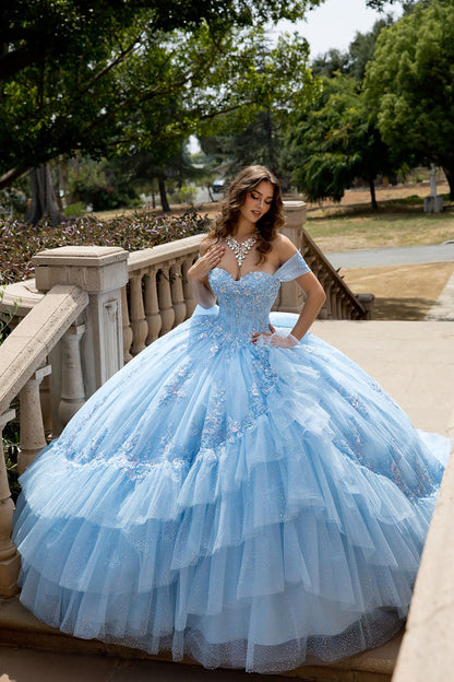 Elegant Blue Off Shoulder Glitter Tulle Ball Gown with Sequin Corset and Cathedral Train