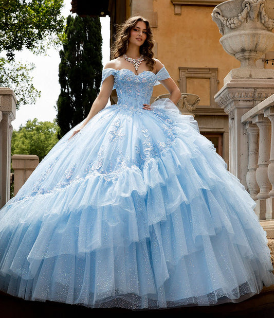 Elegant Blue Off Shoulder Glitter Tulle Ball Gown with Sequin Corset and Cathedral Train