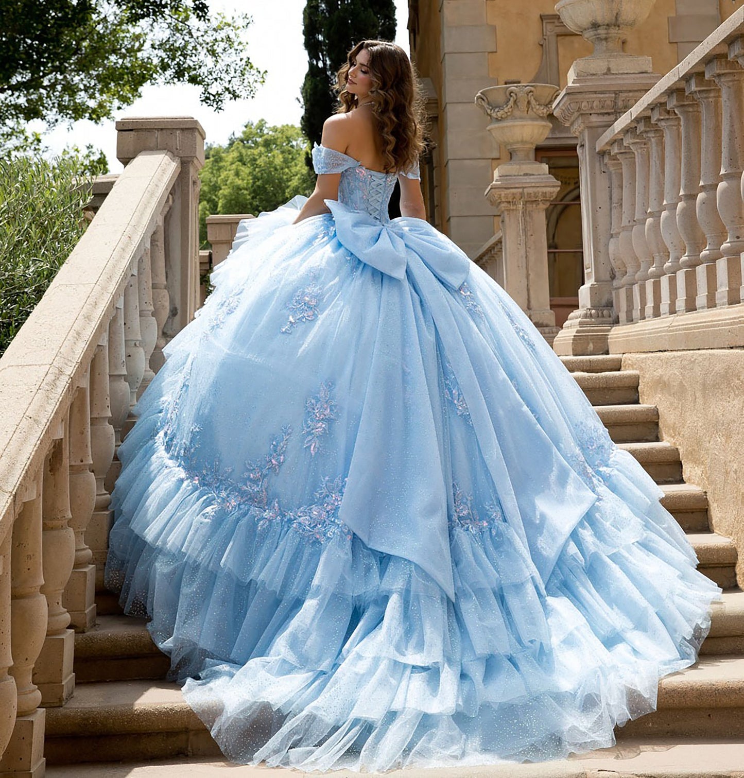 Elegant Blue Off Shoulder Glitter Tulle Ball Gown with Sequin Corset and Cathedral Train