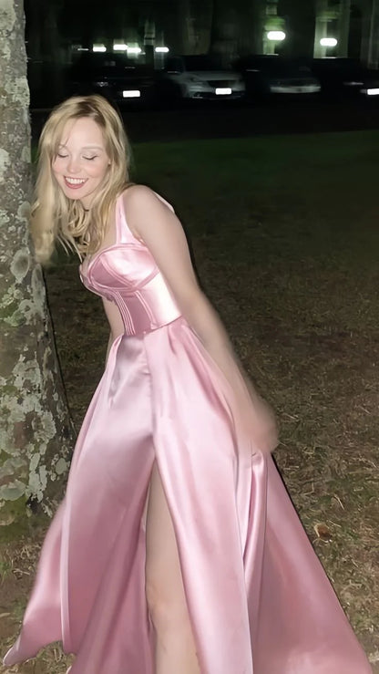 Simple Pink A-Line Satin Party Dress Side Slit Prom Dress Evening Dress