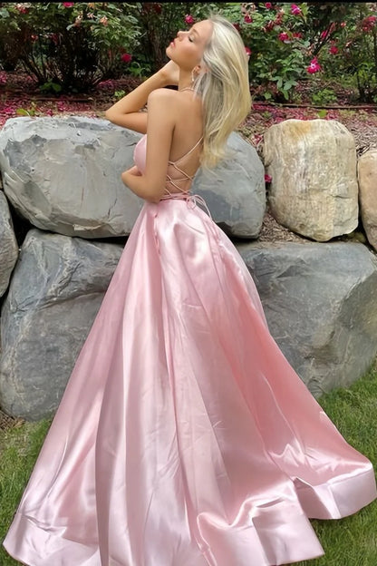Simple Pink A-Line Satin Party Dress Side Slit Prom Dress Evening Dress