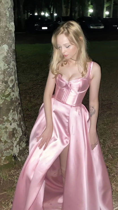 Simple Pink A-Line Satin Party Dress Side Slit Prom Dress Evening Dress
