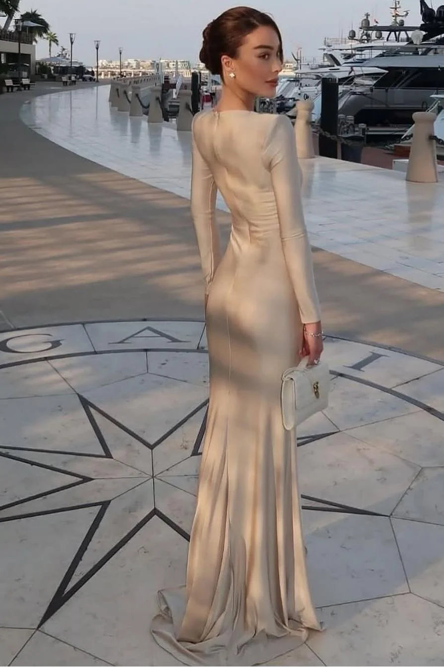 Elegant Long Sleeves Mermaid Long Prom Dress With Pleated