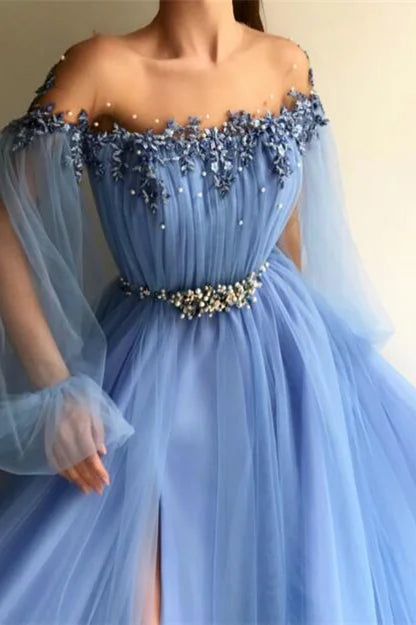 Elegant Off the Shoulder Long Sleeves Beaded Split Evening Dress With Belt