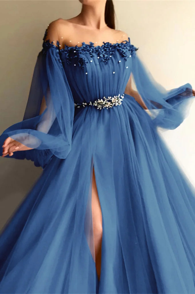 Elegant Off the Shoulder Long Sleeves Beaded Split Evening Dress With Belt