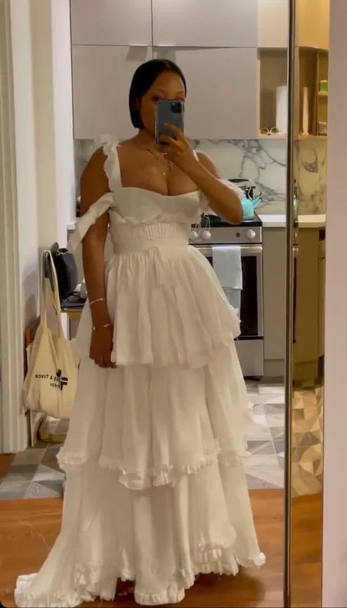 Sexy A line Straps Ruffles Floor Length Chiffon White Prom Dress