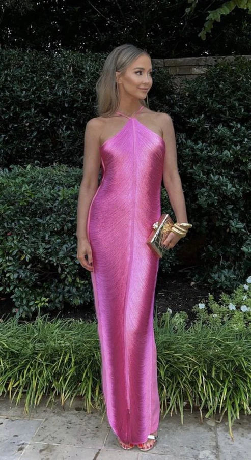 Sexy Mermaid Halter Hot Pink Long Prom Dresses