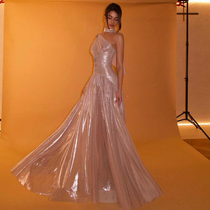 Elegant Rose Gold One Shoulder Evening Dress with Scarf Pleated for Women Wedding Party Prom Gowns