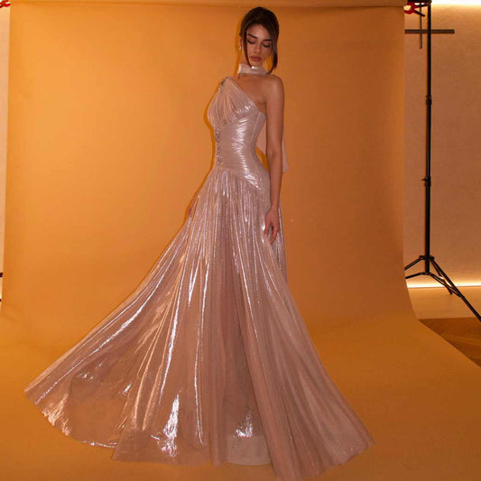 Elegant Rose Gold One Shoulder Evening Dress with Scarf Pleated for Women Wedding Party Prom Gowns