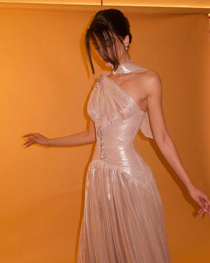 Elegant Rose Gold One Shoulder Evening Dress with Scarf Pleated for Women Wedding Party Prom Gowns