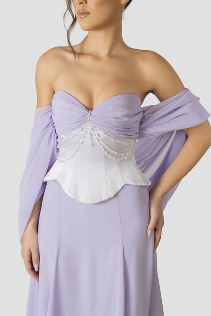 Elegant tube top Backless Lavender and Pearls Beaded Set Prom Dresses
