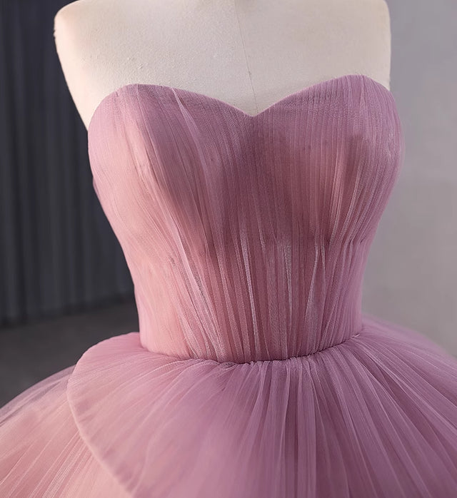 Elegant Pink Tulle Strapless Tiers Pleats Prom Dress