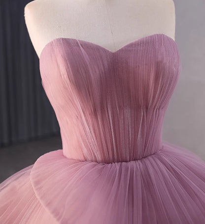 Elegant Pink Tulle Strapless Tiers Pleats Prom Dress