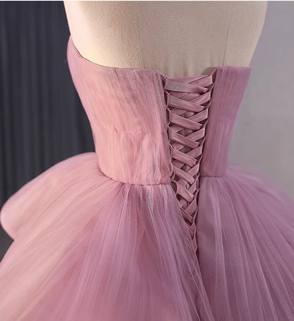 Elegant Pink Tulle Strapless Tiers Pleats Prom Dress