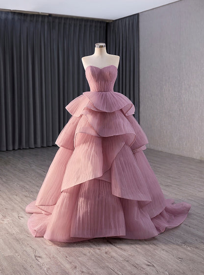 Elegant Pink Tulle Strapless Tiers Pleats Prom Dress
