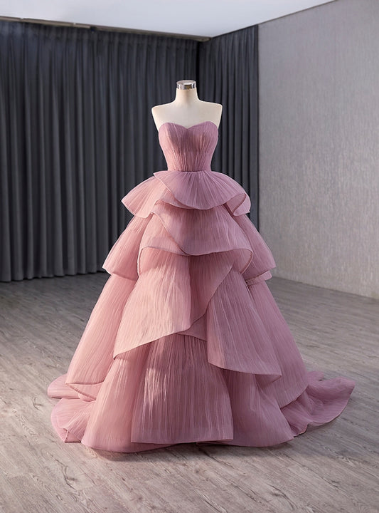 Elegant Pink Tulle Strapless Tiers Pleats Prom Dress