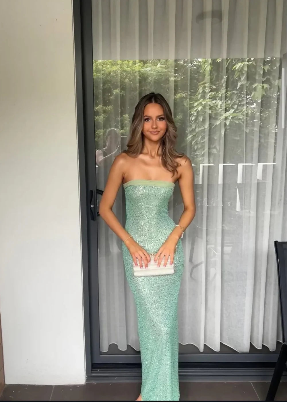 Sparkling Glitter Sexy tube top Split Backless Malachite Dress Prom Dresses