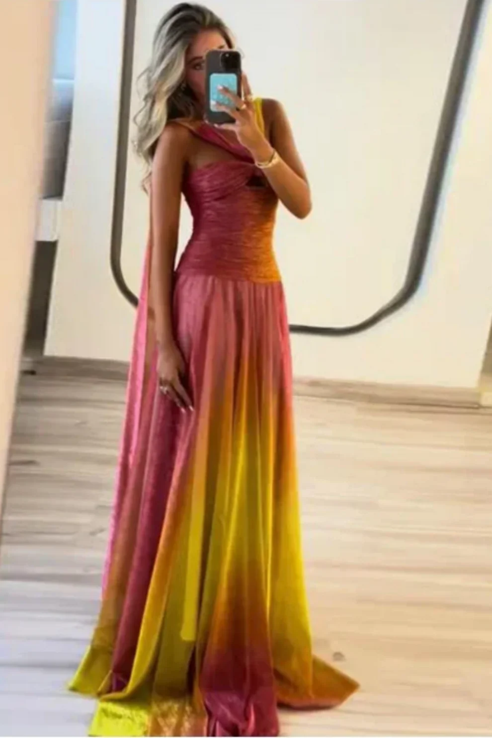 Pink Yellow Vogue Gradient Long Chiffon Prom Dress Wedding Guest Party Dress