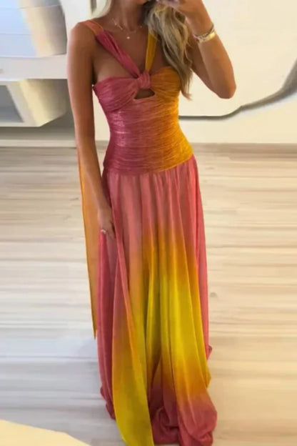 Pink Yellow Vogue Gradient Long Chiffon Prom Dress Wedding Guest Party Dress