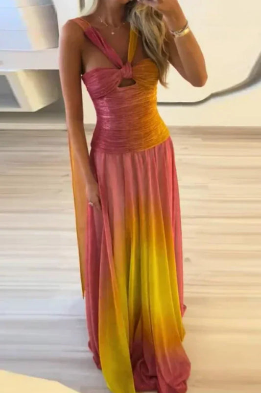 Pink Yellow Vogue Gradient Long Chiffon Prom Dress Wedding Guest Party Dress
