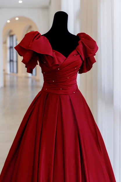 Burgundy Vintage Fashion Exquisite Beading A-Line Long Satin Ruched Ball Gown Evening Dress