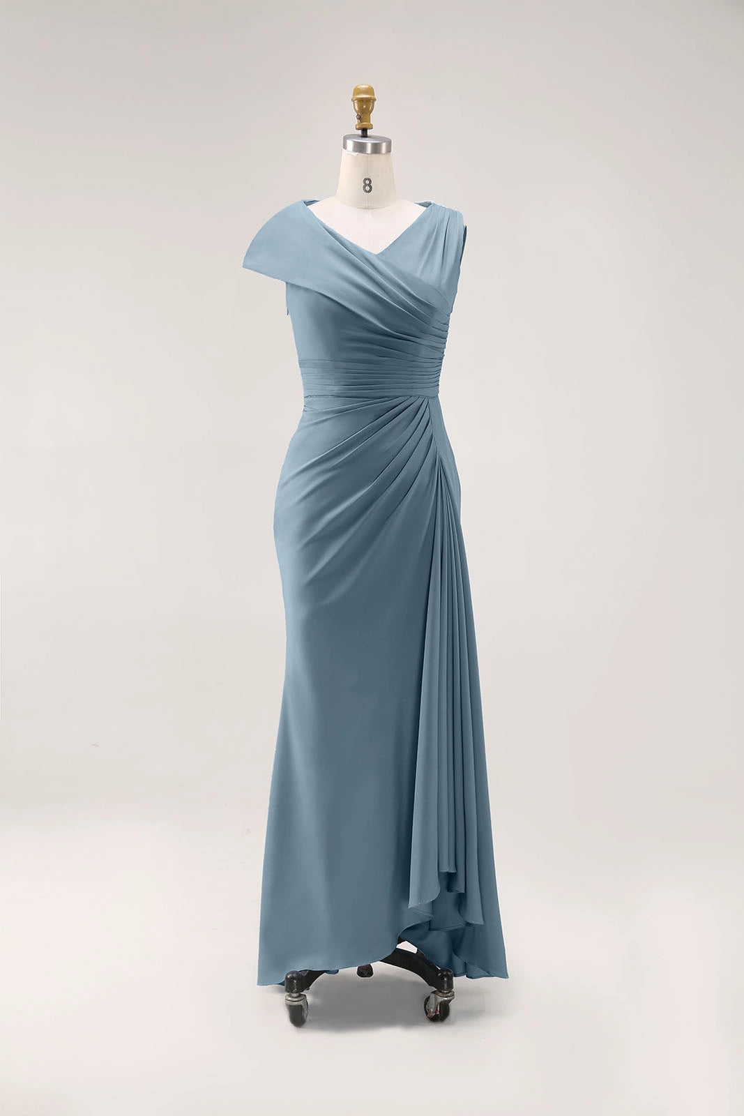 Elegant Party Dress Blue Ruched V Neck Maxi Dress Prom Dresses
