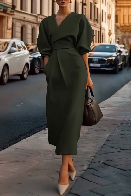 Modern Khaki V Neck Puff Sleeve with Pocket Midi Dress Prom Dresses