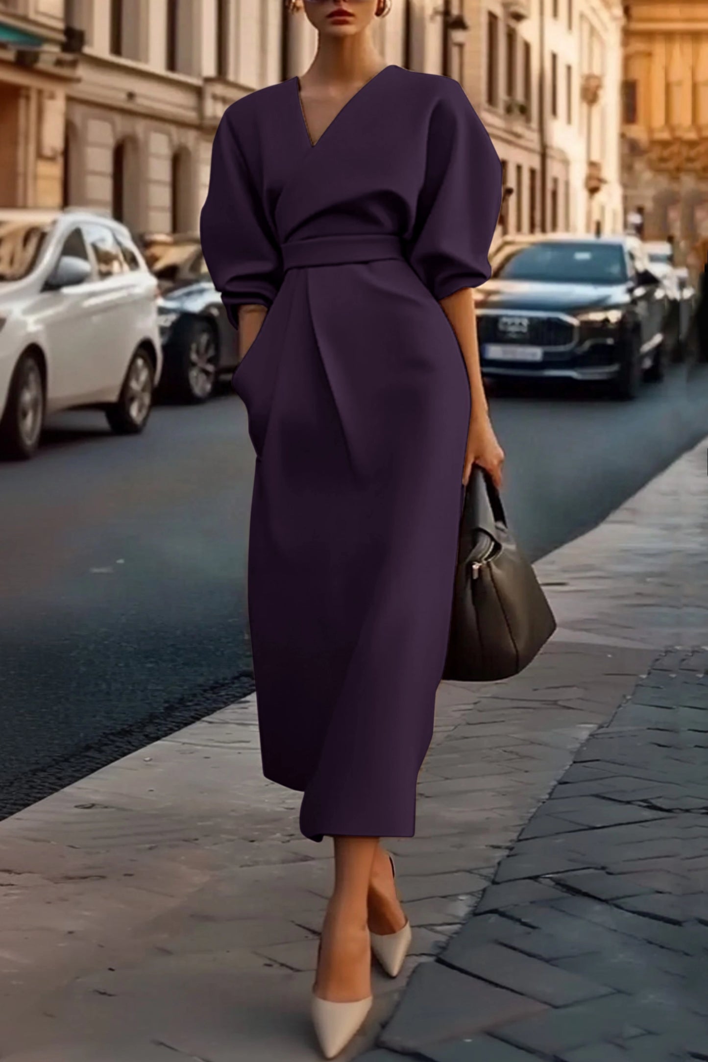 Modern Khaki V Neck Puff Sleeve with Pocket Midi Dress Prom Dresses