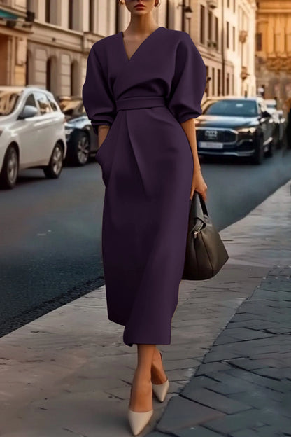 Modern Khaki V Neck Puff Sleeve with Pocket Midi Dress Prom Dresses