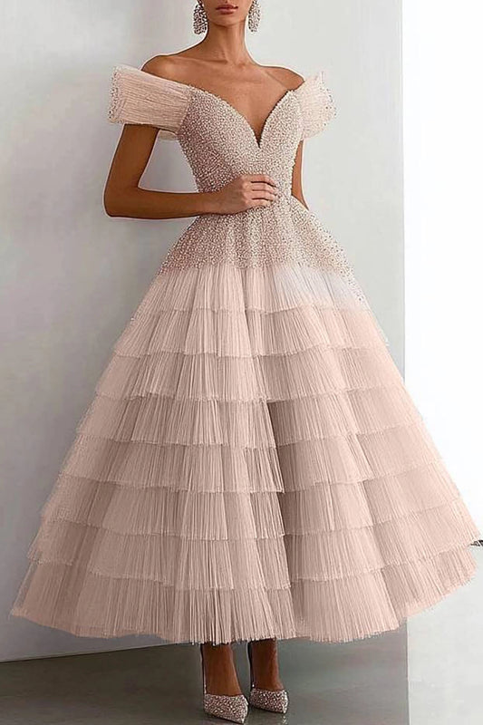Evening Prom Tiered Dress Off-The-Shoulder Rhinestone Ruffled Graduation Dress