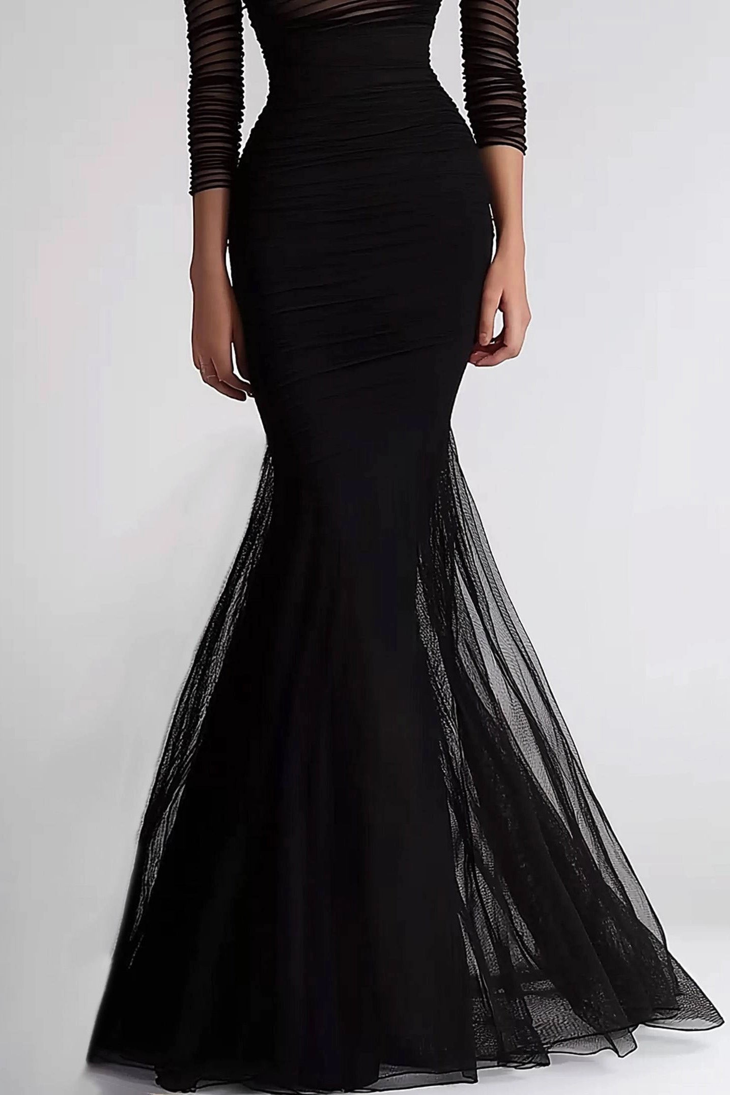 Elegant Formal Evening Dress Black Mesh Pleated Off-The-Shoulder Mermaid Dress