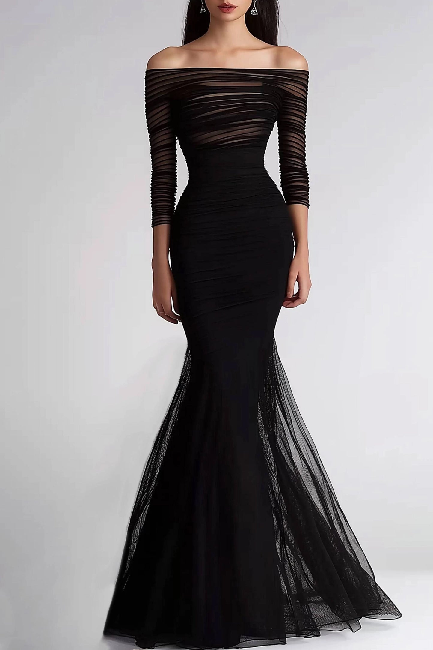 Elegant Formal Evening Dress Black Mesh Pleated Off-The-Shoulder Mermaid Dress