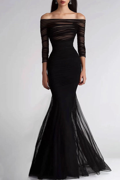 Elegant Formal Evening Dress Black Mesh Pleated Off-The-Shoulder Mermaid Dress
