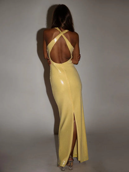 Sexy Sequined V-Neck Backless Sleeveless 3D Flower Dress