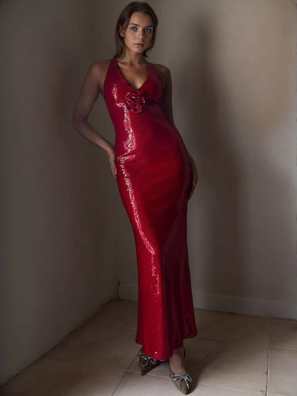 Sexy Sequined V-Neck Backless Sleeveless 3D Flower Dress
