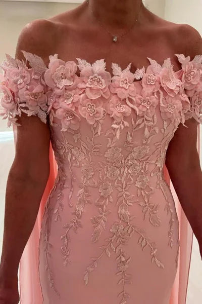 Elegant Pearl Pink Off the shoulder Cap sleeves Column Flowers Prom Dresses