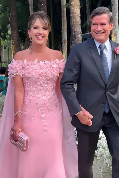Elegant Pearl Pink Off the shoulder Cap sleeves Column Flowers Prom Dresses