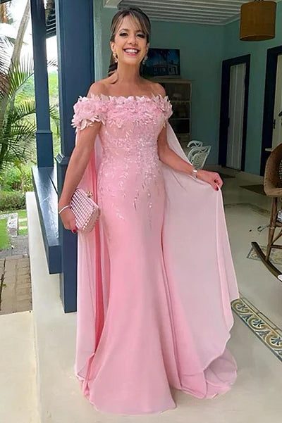 Elegant Pearl Pink Off the shoulder Cap sleeves Column Flowers Prom Dresses