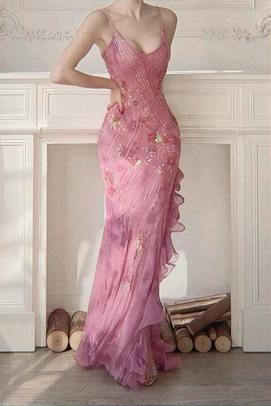 Retro Dreamy Mermaid Pink Print Floral Ruffle Chiffon Long Party Dress Evening Dress Date Dress