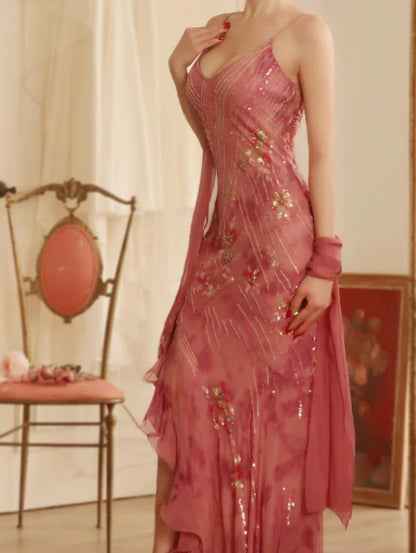 Retro Dreamy Mermaid Pink Print Floral Ruffle Chiffon Long Party Dress Evening Dress Date Dress