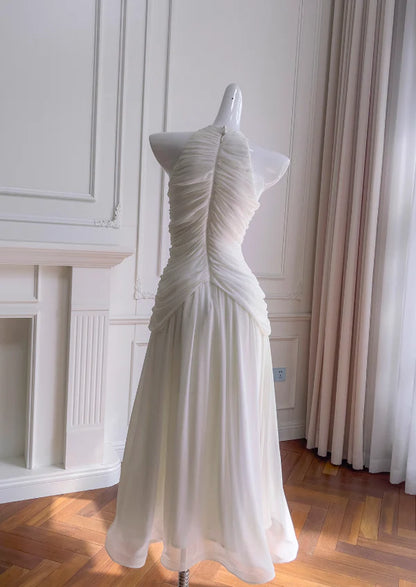 Elegant White A Line Halter Pearl Pleated Chiffon Prom Dress Vacation Dress