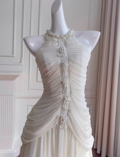 Elegant White A Line Halter Pearl Pleated Chiffon Prom Dress Vacation Dress