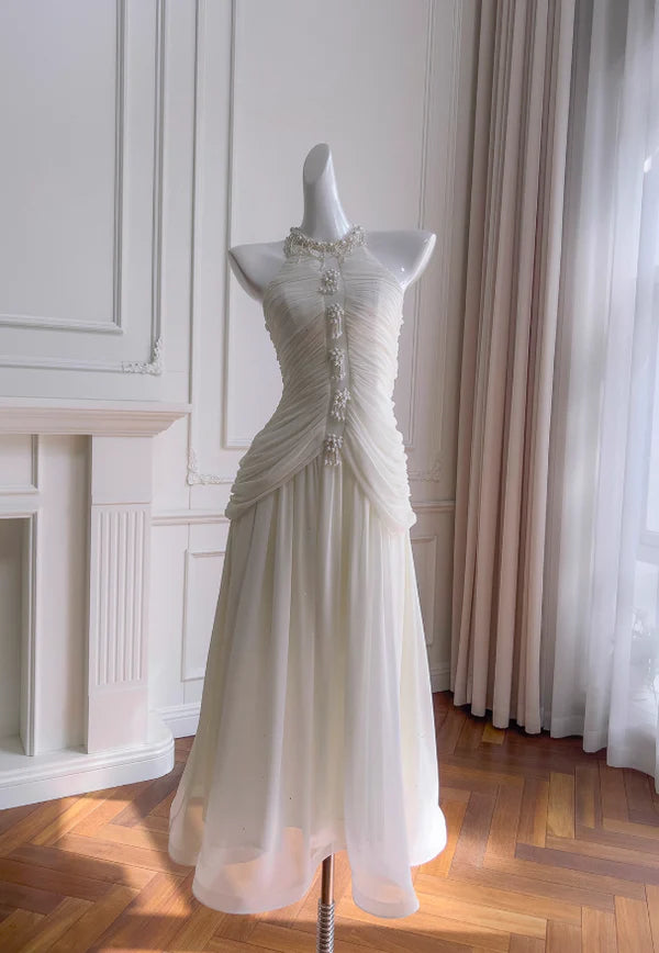 Elegant White A Line Halter Pearl Pleated Chiffon Prom Dress Vacation Dress