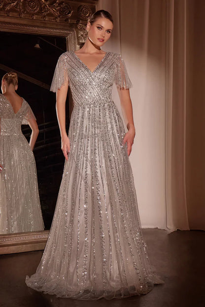 Charming Cinderella Divine Short Sleeve V back Floor-Length Prom Dresses